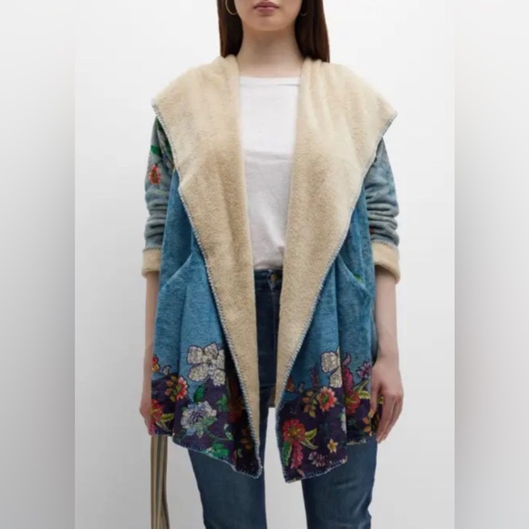 Johnny Was BIYA Shellinay Hooded Sherpa Fleece Open Front Cardigan Wrap Sweater - Picture 2 of 13